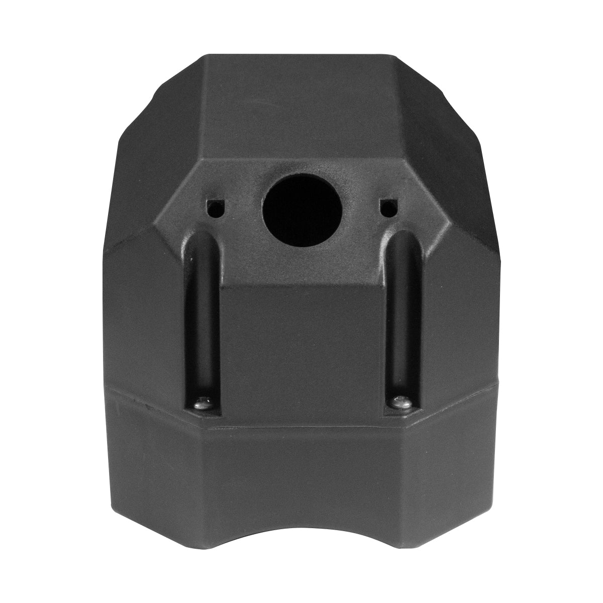 Featuring a black, angular, box-like design with a central hole and two smaller holes above it, this product is the Housing for Solenoid by PIERCE, specifically designed as a replacement part for electric planetary winches.