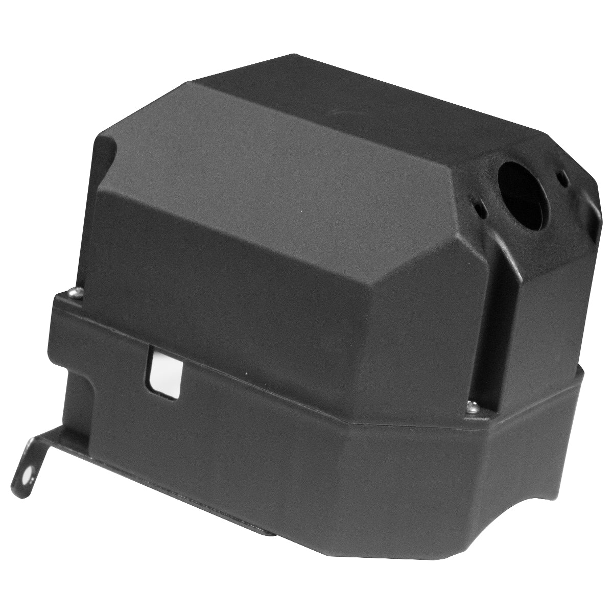 The Housing for Solenoid by PIERCE, featuring a black plastic construction with an angular design and a side mounting bracket, is ideal as a replacement part for electric planetary winches.