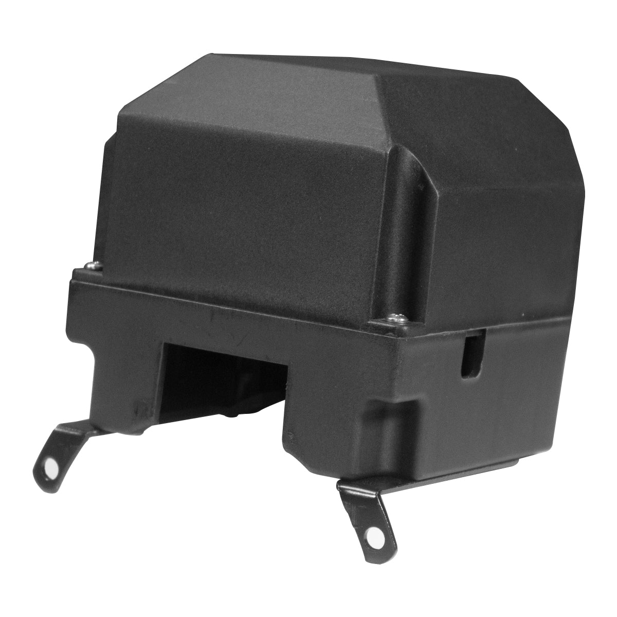 Black plastic mechanical component featuring two protruding tabs on the bottom, designed as a replacement part for PIERCE electric planetary winches, also referred to as the Housing for Solenoid.