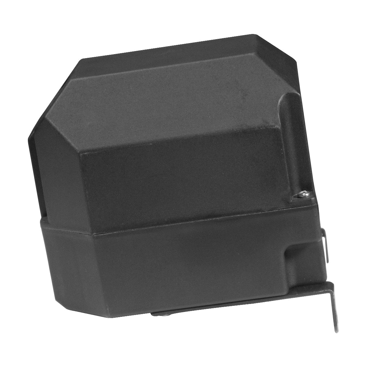 A black Housing for Solenoid by PIERCE, designed for electric planetary winches, is shown on a white background with an angular, geometric shape and a mounting bracket.