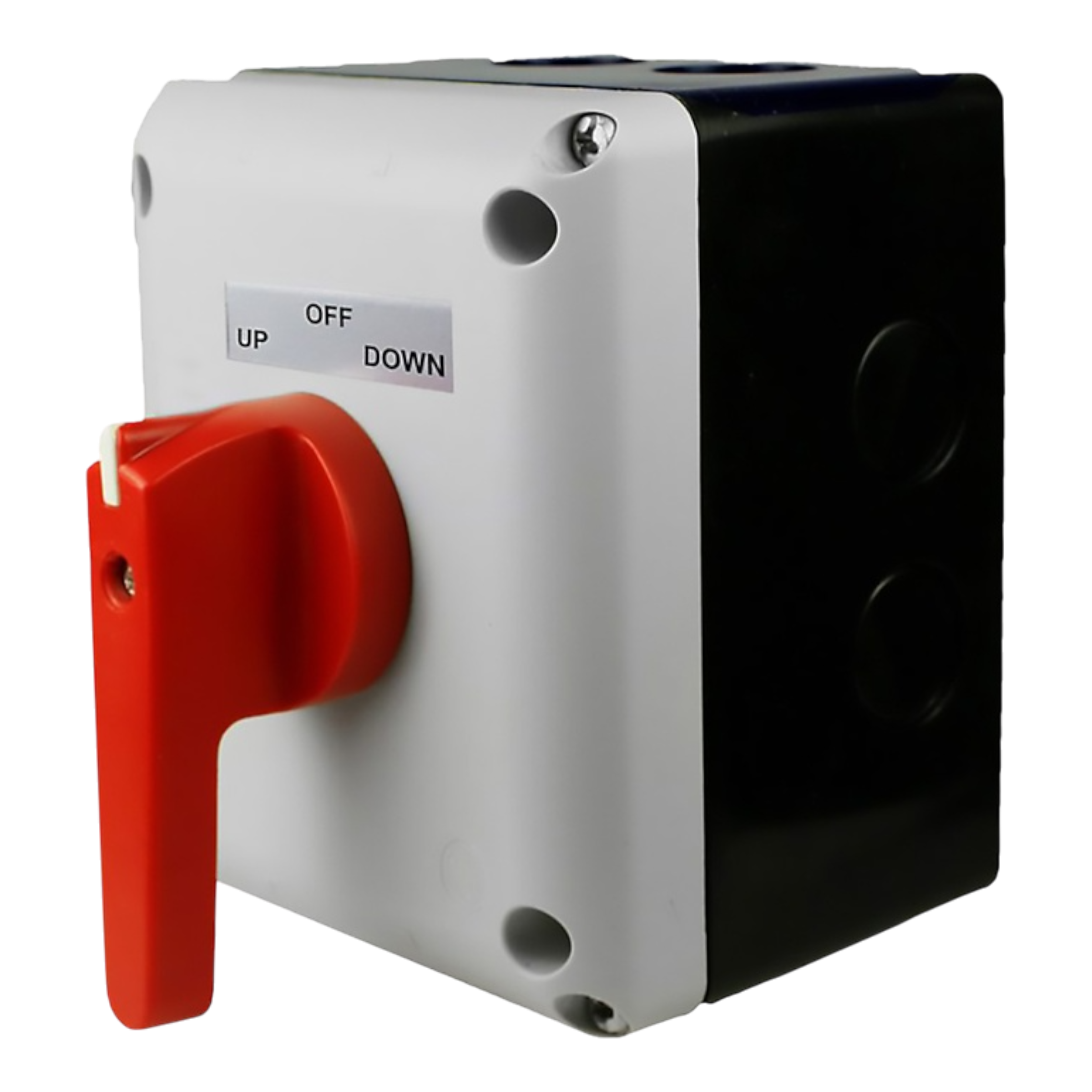 The Control Box for 110V PIERCE 654 Series Single Phase Winch, designed by PIERCE, is a black and white switch box equipped with a red lever. It has labeled positions: Up, Down, and Off. This product is perfect for industrial applications due to its IP65 enclosure that guarantees durability in harsh environments.