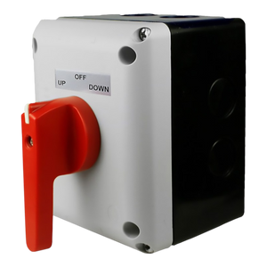 The Control Box for 110V PIERCE 654 Series Single Phase Winch, designed by PIERCE, is a black and white switch box equipped with a red lever. It has labeled positions: Up, Down, and Off. This product is perfect for industrial applications due to its IP65 enclosure that guarantees durability in harsh environments.