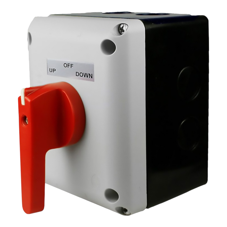 The Control Box for 110V PIERCE 654 Series Single Phase Winch, designed by PIERCE, is a black and white switch box equipped with a red lever. It has labeled positions: Up, Down, and Off. This product is perfect for industrial applications due to its IP65 enclosure that guarantees durability in harsh environments.