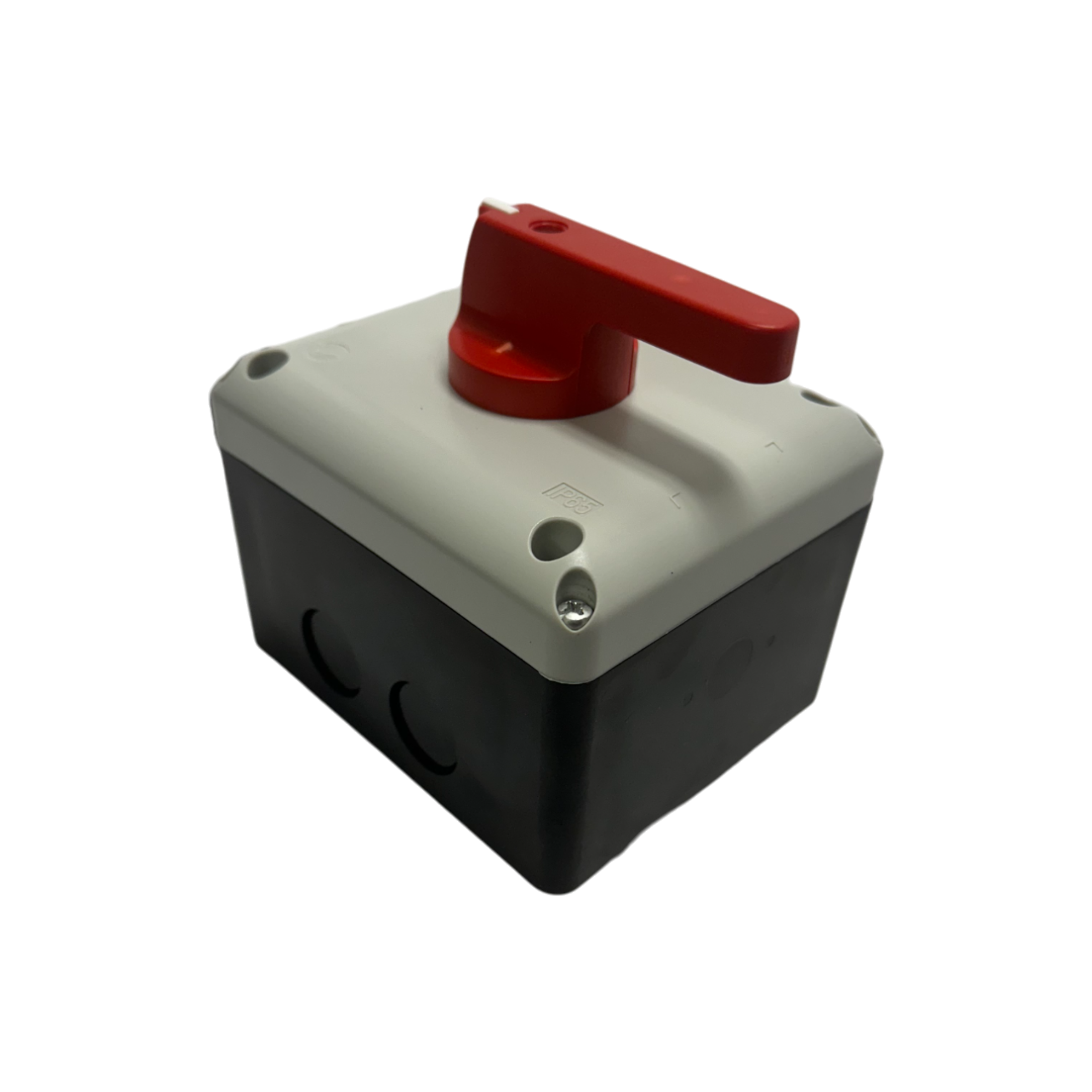 The PIERCE Control Box for the 110V PIERCE 654 Series Single Phase Winch is a red and gray electrical switch box designed for industrial applications, featuring a protruding handle and self-cleaning contacts for reliability, all housed in an IP65 enclosure set against a sleek black background.