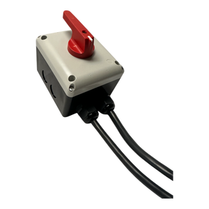 The Wired Control for 110V PIERCE 654 Series Single Phase Winch by PIERCE is a gray electrical switch box with an IP65 enclosure, featuring a red lever and two black cables, making it ideal for controlling single-phase motors.