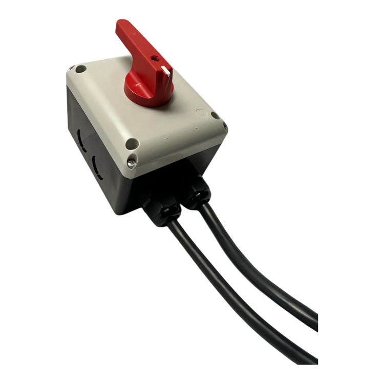 The Wired Control for 110V PIERCE 654 Series Single Phase Winch by PIERCE is a gray electrical switch box with an IP65 enclosure, featuring a red lever and two black cables, making it ideal for controlling single-phase motors.