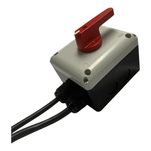 The Wired Control for 110V PIERCE 654 Series Single Phase Winch by PIERCE features a red lever switch on a black and gray electrical box, complete with two attached cables, specifically designed for single-phase motors. Its IP65 enclosure ensures durability and protection.