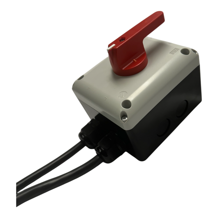 The Wired Control for 110V PIERCE 654 Series Single Phase Winch by PIERCE features a red lever switch on a black and gray electrical box, complete with two attached cables, specifically designed for single-phase motors. Its IP65 enclosure ensures durability and protection.