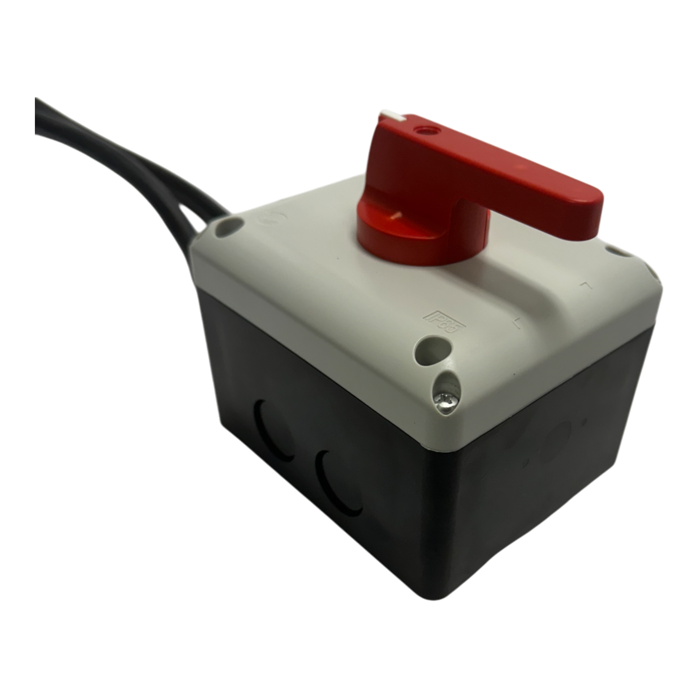 Introducing the Wired Control for 110V PIERCE 654 Series Single Phase Winch by PIERCE. This robust red switch box with a black base is designed specifically for single-phase motors up to 5 horsepower. It offers multiple cable integration and an IP65-rated enclosure, ensuring optimal durability and protection. The product is set against a stark black background, providing striking visual contrast.