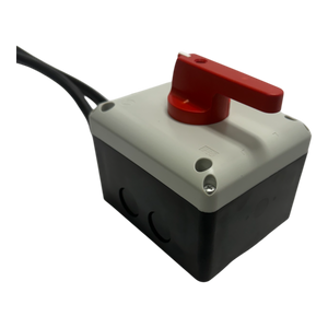 Introducing the Wired Control for 110V PIERCE 654 Series Single Phase Winch by PIERCE. This robust red switch box with a black base is designed specifically for single-phase motors up to 5 horsepower. It offers multiple cable integration and an IP65-rated enclosure, ensuring optimal durability and protection. The product is set against a stark black background, providing striking visual contrast.