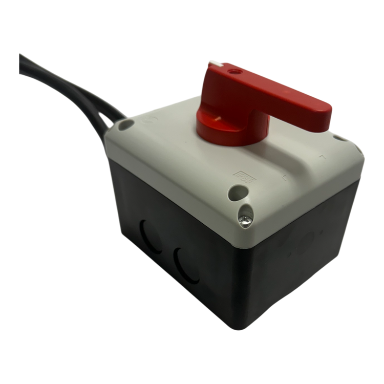 Introducing the Wired Control for 110V PIERCE 654 Series Single Phase Winch by PIERCE. This robust red switch box with a black base is designed specifically for single-phase motors up to 5 horsepower. It offers multiple cable integration and an IP65-rated enclosure, ensuring optimal durability and protection. The product is set against a stark black background, providing striking visual contrast.