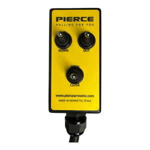 Introducing the 6 Function Wrecker Remote by PIERCE, a yellow remote control perfectly suited for the towing industry. It prominently displays "PIERCE" on top and features three toggle switches labeled Down, Out, Open, and Close. This product ensures seamless integration with hydraulic power units for optimal efficiency.