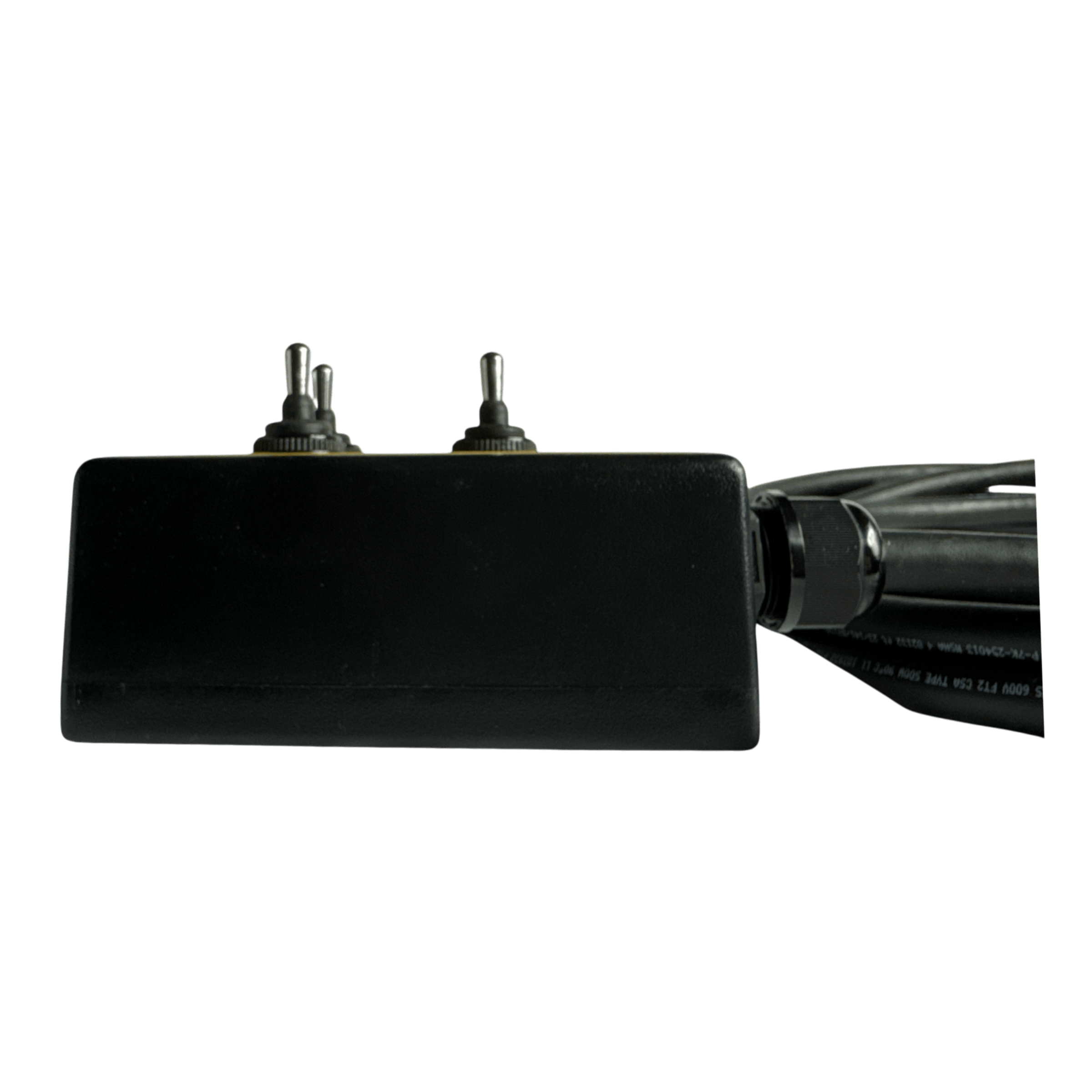 The PIERCE 6 Function Wrecker Remote, a black rectangular device featuring dual toggle switches and attached cables, is showcased against a black background.