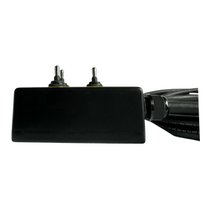 The PIERCE 6 Function Wrecker Remote, a black rectangular device featuring dual toggle switches and attached cables, is showcased against a black background.