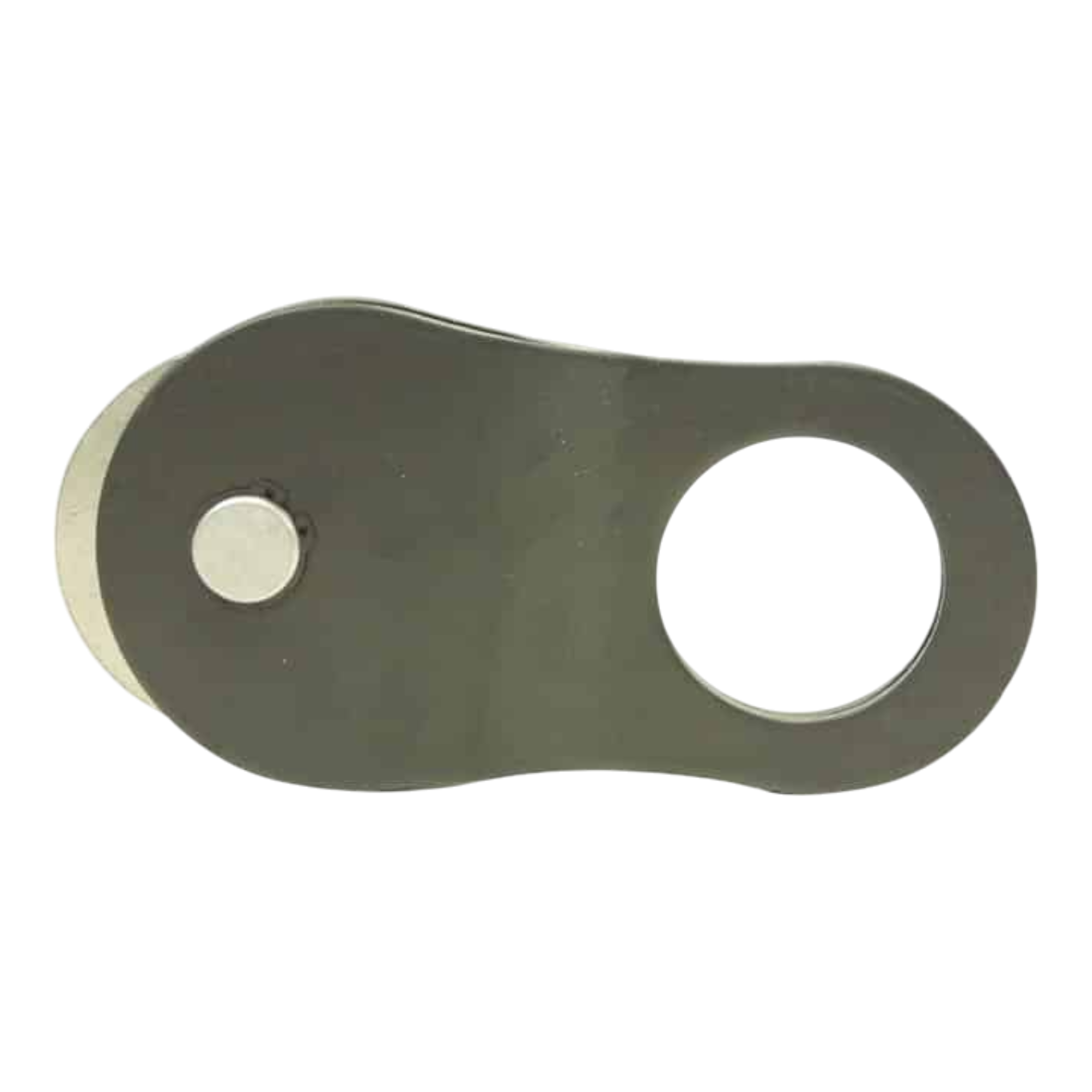 A sleek black and gray bottle opener with a circular hole and flat design, inspired by the robust engineering of the PIERCE Snatch Block | WLL 10,000 lbs.