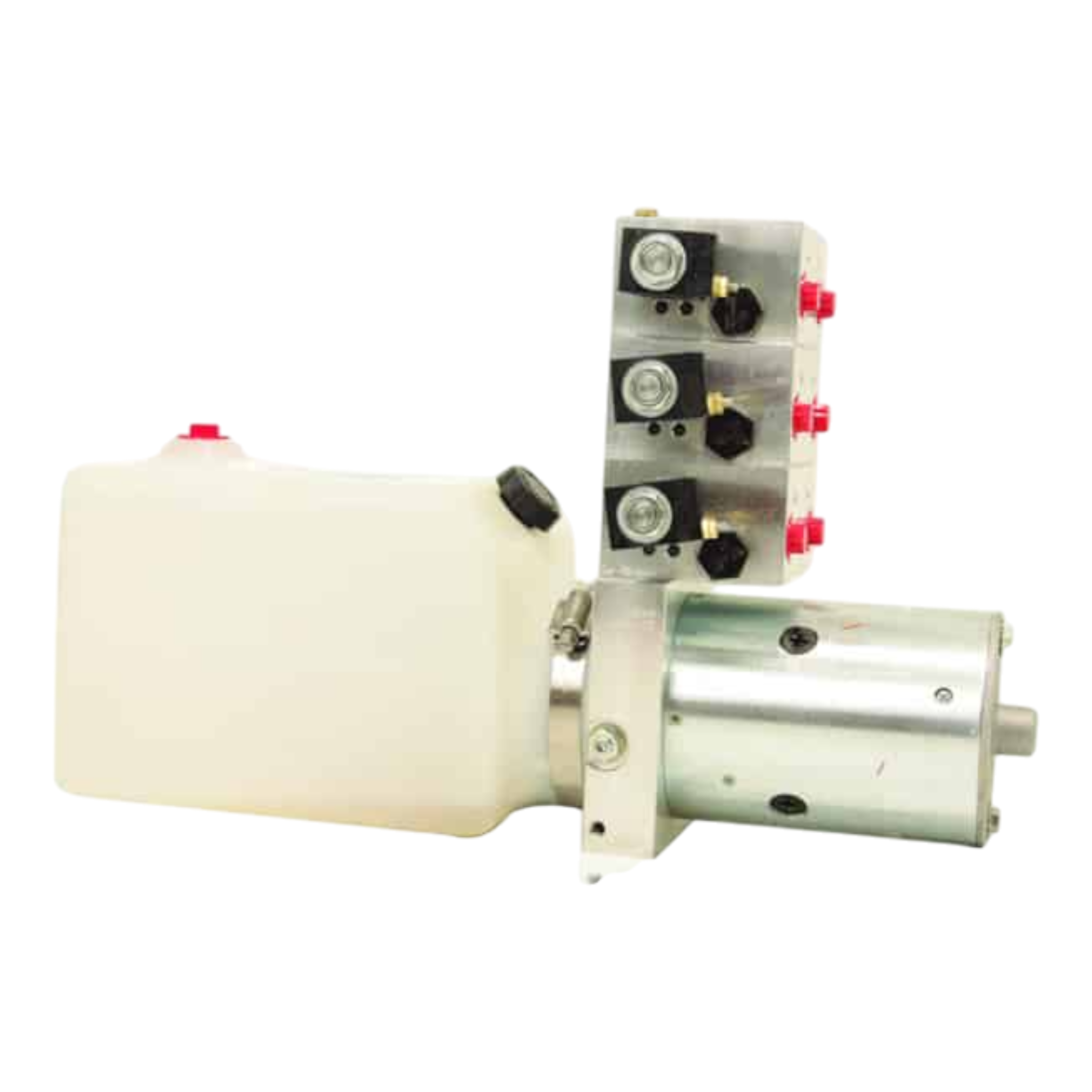 This hydraulic power unit, featuring a white reservoir and metallic motor with multiple valve connections, includes SAE o-ring ports for reliable sealing and is compatible with the Bucher 6 Way Valve Pump for enhanced performance.