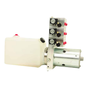 This hydraulic power unit, featuring a white reservoir and metallic motor with multiple valve connections, includes SAE o-ring ports for reliable sealing and is compatible with the Bucher 6 Way Valve Pump for enhanced performance.