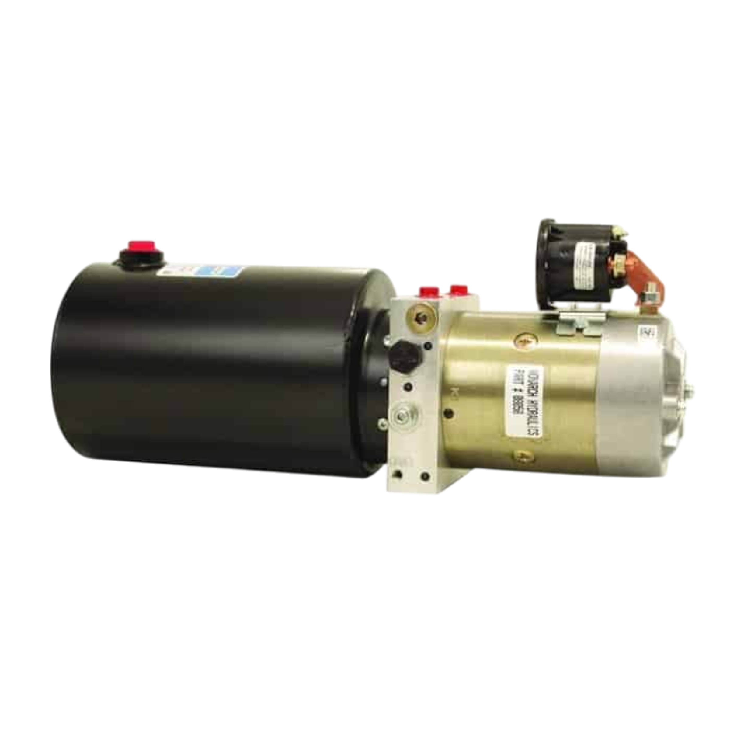 Black hydraulic power unit with a brass motor and connectors, featuring a Bucher Dual Action Hydraulic Pump (Power Up/Down), ISO9001 certified.