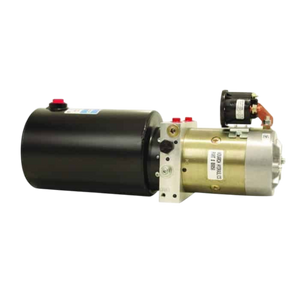 Black hydraulic power unit with a brass motor and connectors, featuring a Bucher Dual Action Hydraulic Pump (Power Up/Down), ISO9001 certified.