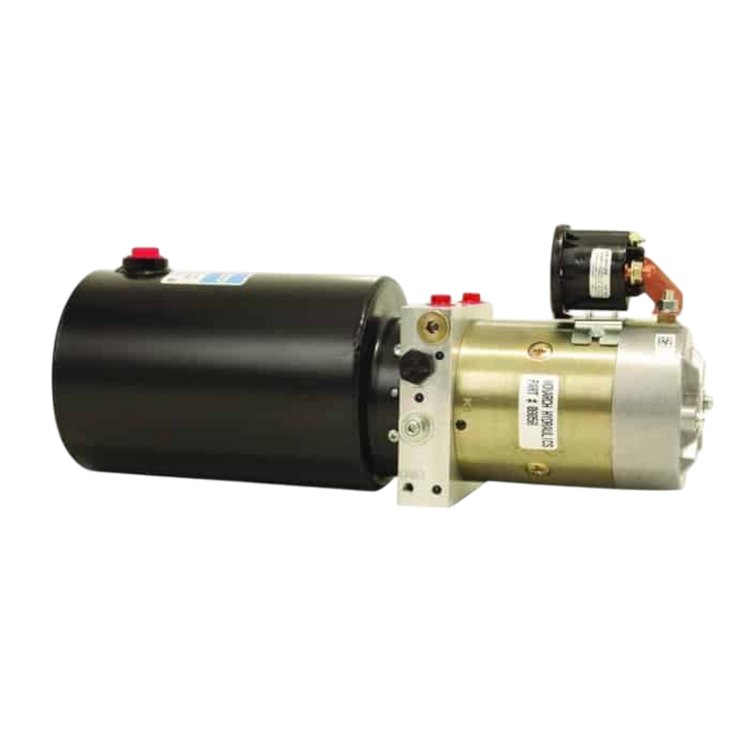 Black hydraulic power unit with a brass motor and connectors, featuring a Bucher Dual Action Hydraulic Pump (Power Up/Down), ISO9001 certified.