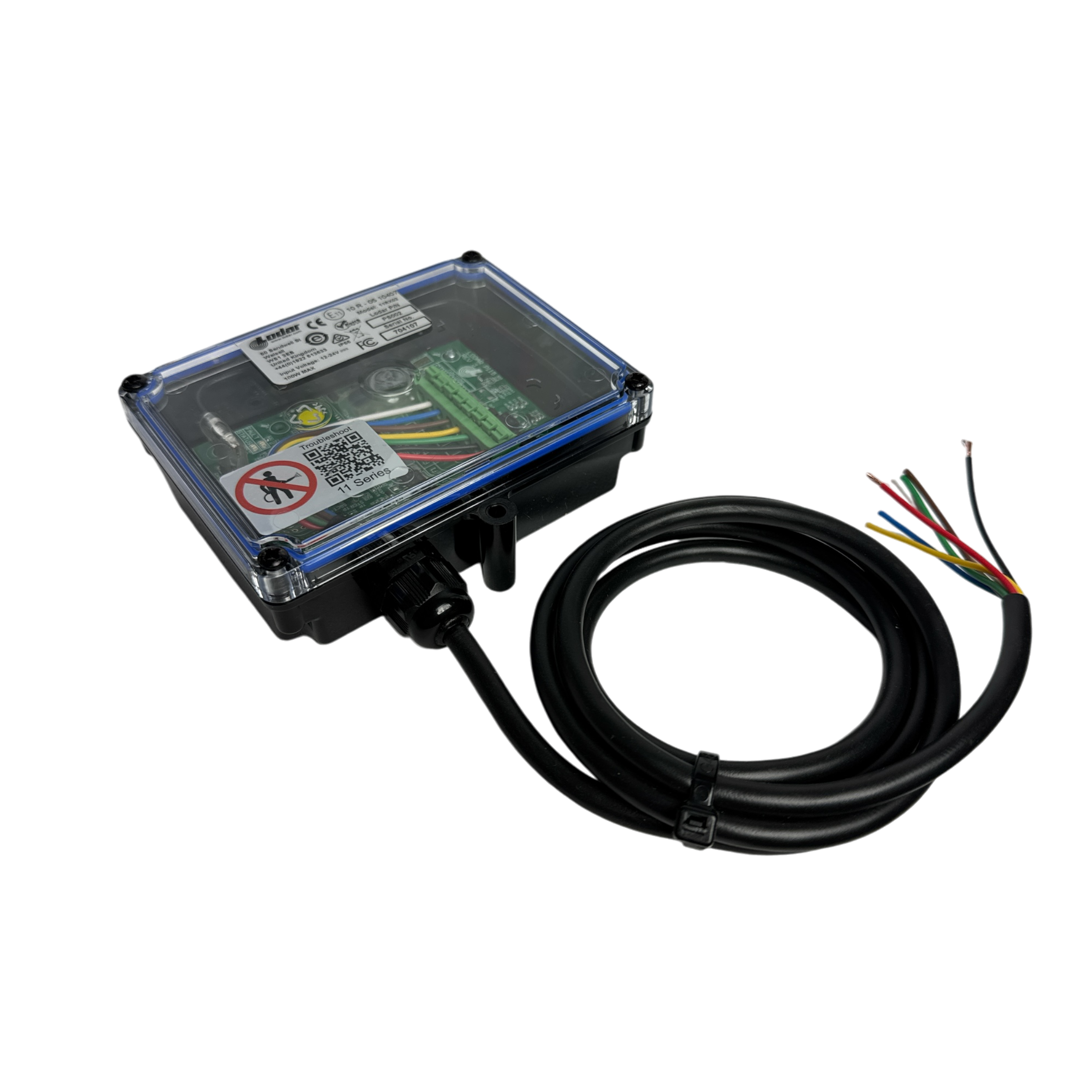 A sealed electronics box with a transparent lid, showcasing wiring and a cable, sits isolated on a black background. It is the PIERCE 2 Function Wireless Remote Control System designed for solenoid-operated equipment, utilizing wireless remote control technology at 433 MHz for seamless operation.