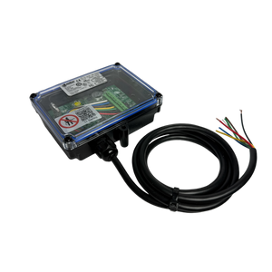 A sealed electronics box with a transparent lid, showcasing wiring and a cable, sits isolated on a black background. It is the PIERCE 2 Function Wireless Remote Control System designed for solenoid-operated equipment, utilizing wireless remote control technology at 433 MHz for seamless operation.