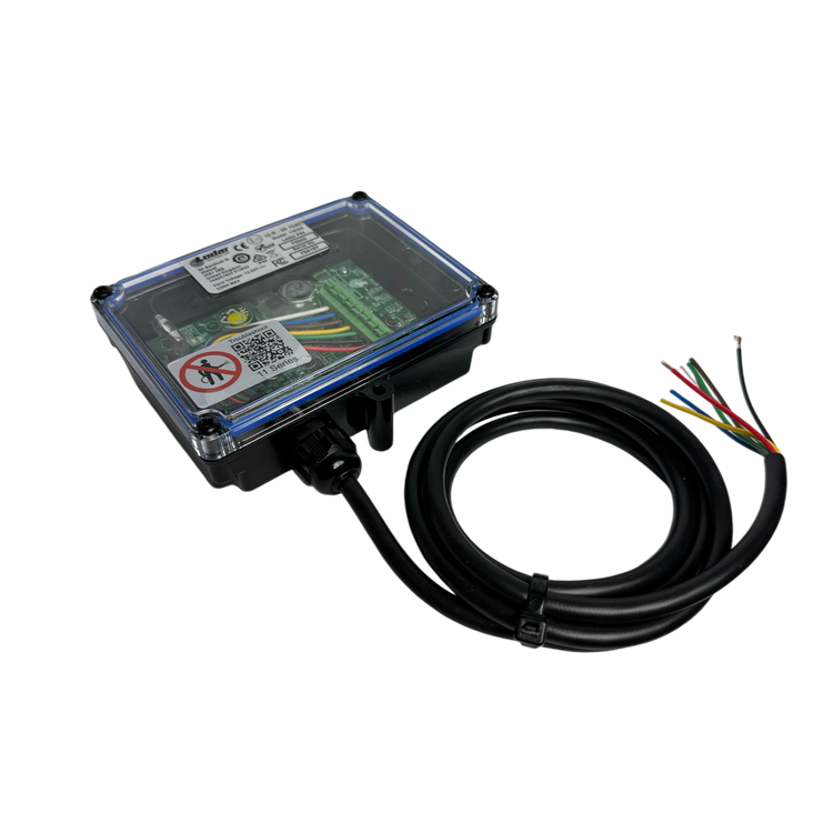 A sealed electronics box with a transparent lid, showcasing wiring and a cable, sits isolated on a black background. It is the PIERCE 2 Function Wireless Remote Control System designed for solenoid-operated equipment, utilizing wireless remote control technology at 433 MHz for seamless operation.