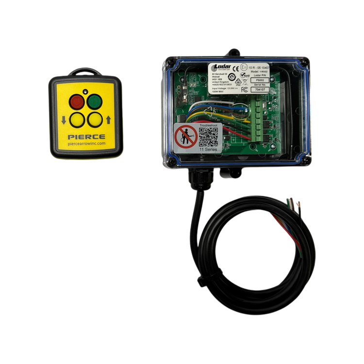 A PIERCE 2 Function Wireless Remote Control System, consisting of an electronic circuit board with cables enclosed in a clear box, is accompanied by a yellow wireless remote control that features red, green, and yellow buttons and operates at 433 MHz.