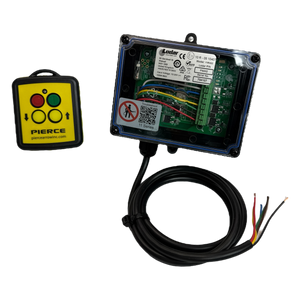 The PIERCE 2 Function Wireless Remote Control System showcases vibrant colored buttons and a sophisticated electronic circuit board set against a sleek black background. Designed for optimal 433 MHz communication, it is perfect for integrating with solenoid-operated equipment.