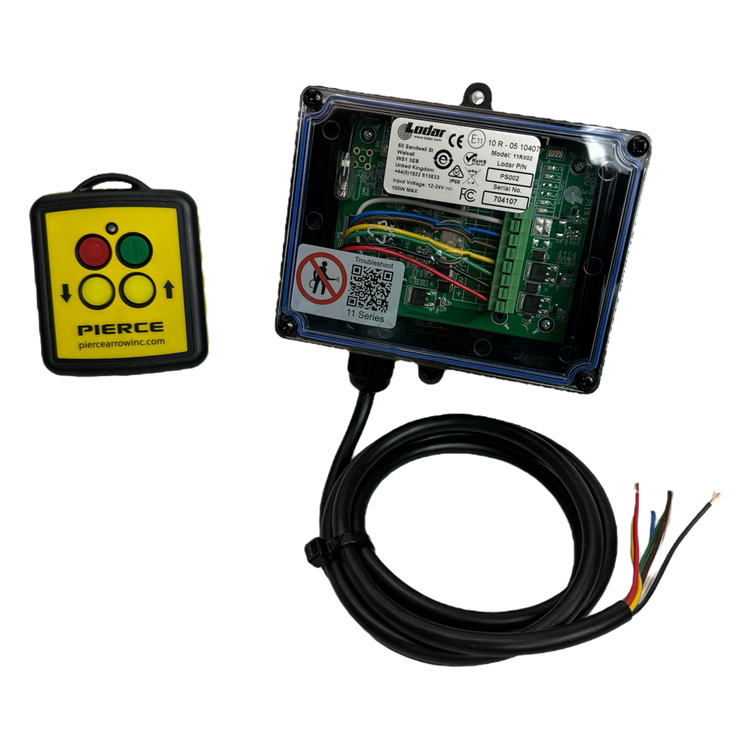 The PIERCE 2 Function Wireless Remote Control System showcases vibrant colored buttons and a sophisticated electronic circuit board set against a sleek black background. Designed for optimal 433 MHz communication, it is perfect for integrating with solenoid-operated equipment.