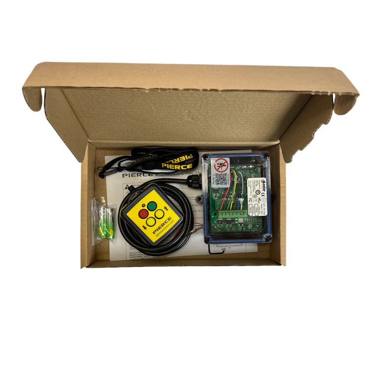 Open cardboard box containing a PIERCE electronic device, cables, and a yellow 2 Function Wireless Remote Control System with buttons.