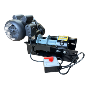 Presenting the PIERCE 7,500 lbs. 8" Split Drum 110V AC Industrial Winch, a dependable electric winch complete with a motor and control box mounted on a sleek black frame. It features advanced worm gear technology, expertly displayed against a black backdrop.