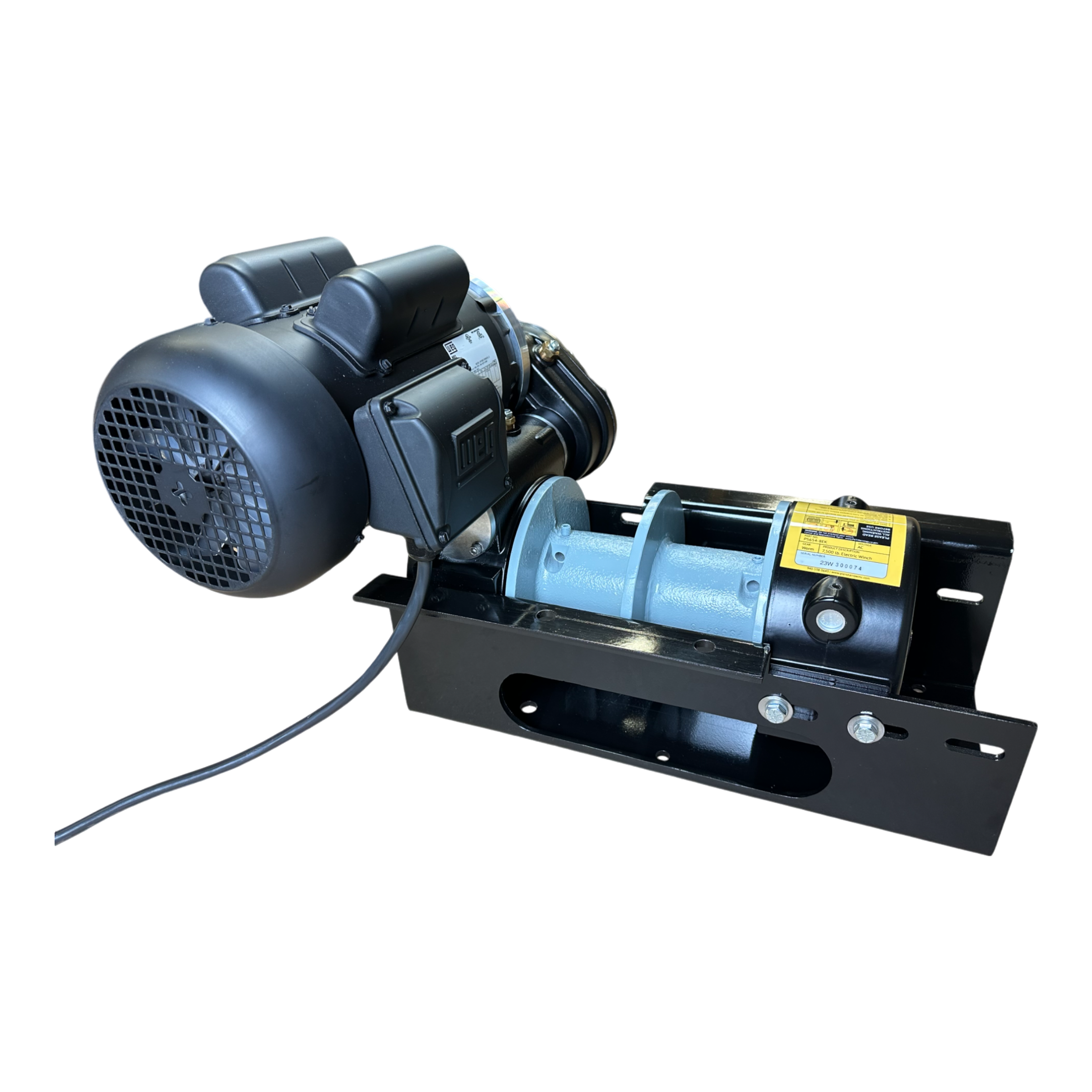 PIERCE 7,500 lbs. 8" Split Drum 110V AC Industrial Winch on a black frame, celebrated for its dependable pull, set against a black background.