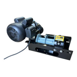 PIERCE 7,500 lbs. 8" Split Drum 110V AC Industrial Winch on a black frame, celebrated for its dependable pull, set against a black background.