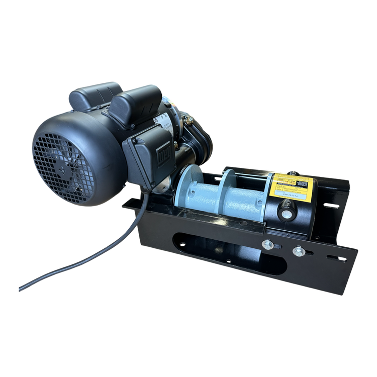 PIERCE 7,500 lbs. 8" Split Drum 110V AC Industrial Winch on a black frame, celebrated for its dependable pull, set against a black background.