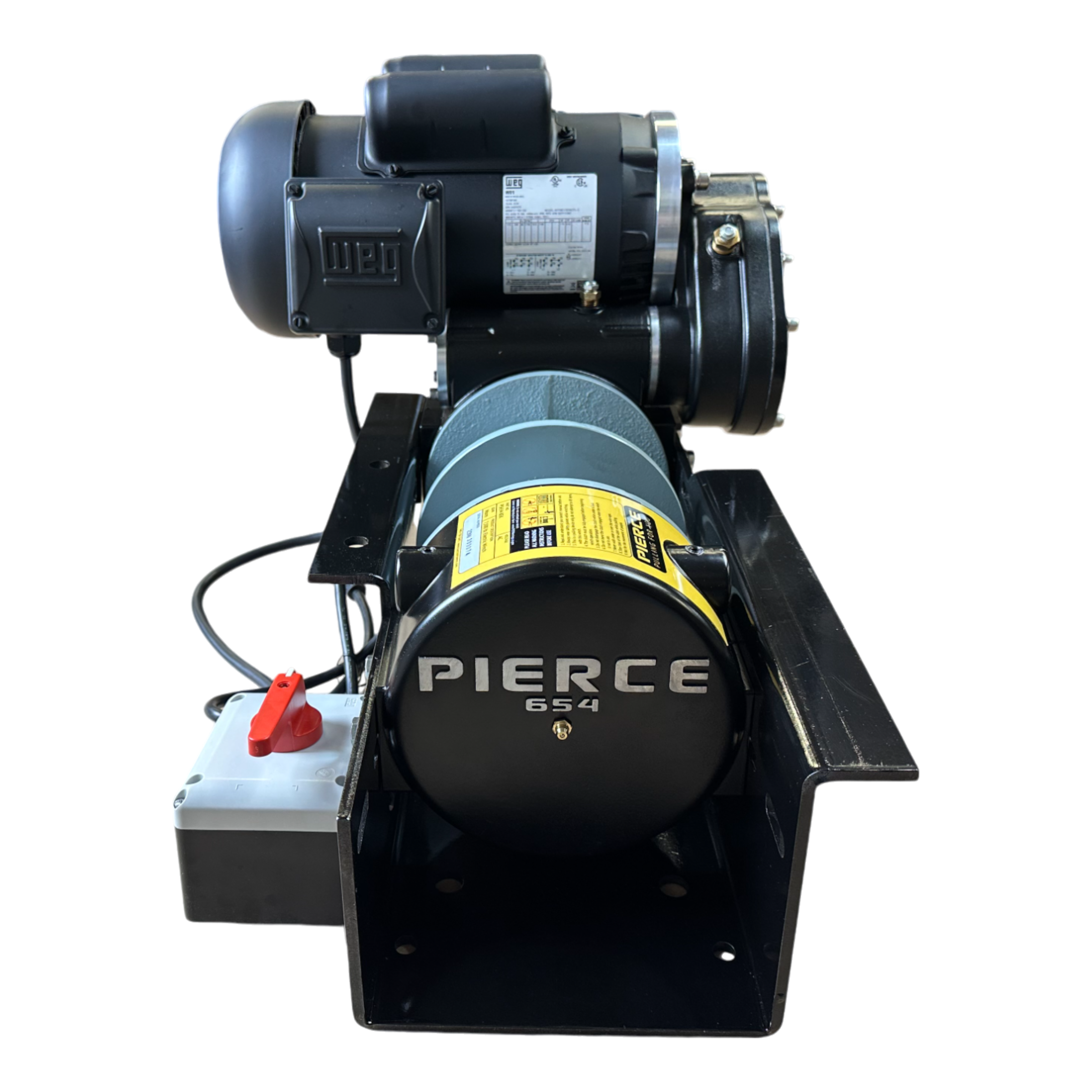 The PIERCE 7,500 lbs. 8" Split Drum 110V AC Industrial Winch comes equipped with a motor mounted on a frame, featuring an integrated power box and wiring, a dependable pull mechanism, and compatibility with worm gear winch replacement parts.