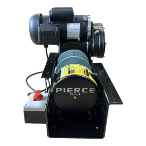 The PIERCE 7,500 lbs. 8" Split Drum 110V AC Industrial Winch comes equipped with a motor mounted on a frame, featuring an integrated power box and wiring, a dependable pull mechanism, and compatibility with worm gear winch replacement parts.