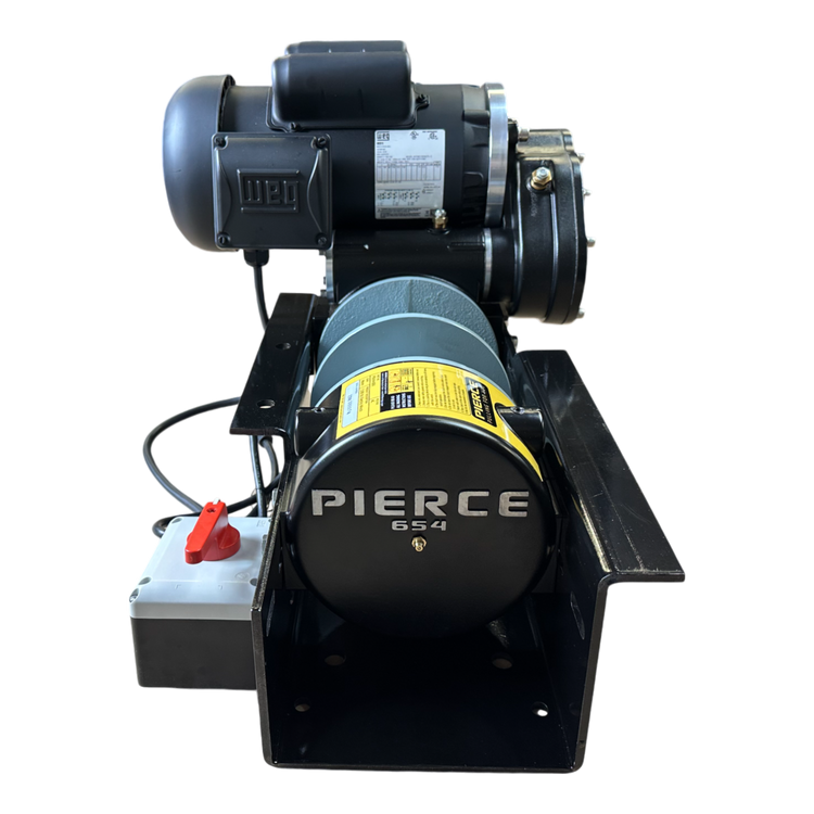 The PIERCE 7,500 lbs. 8" Split Drum 110V AC Industrial Winch comes equipped with a motor mounted on a frame, featuring an integrated power box and wiring, a dependable pull mechanism, and compatibility with worm gear winch replacement parts.