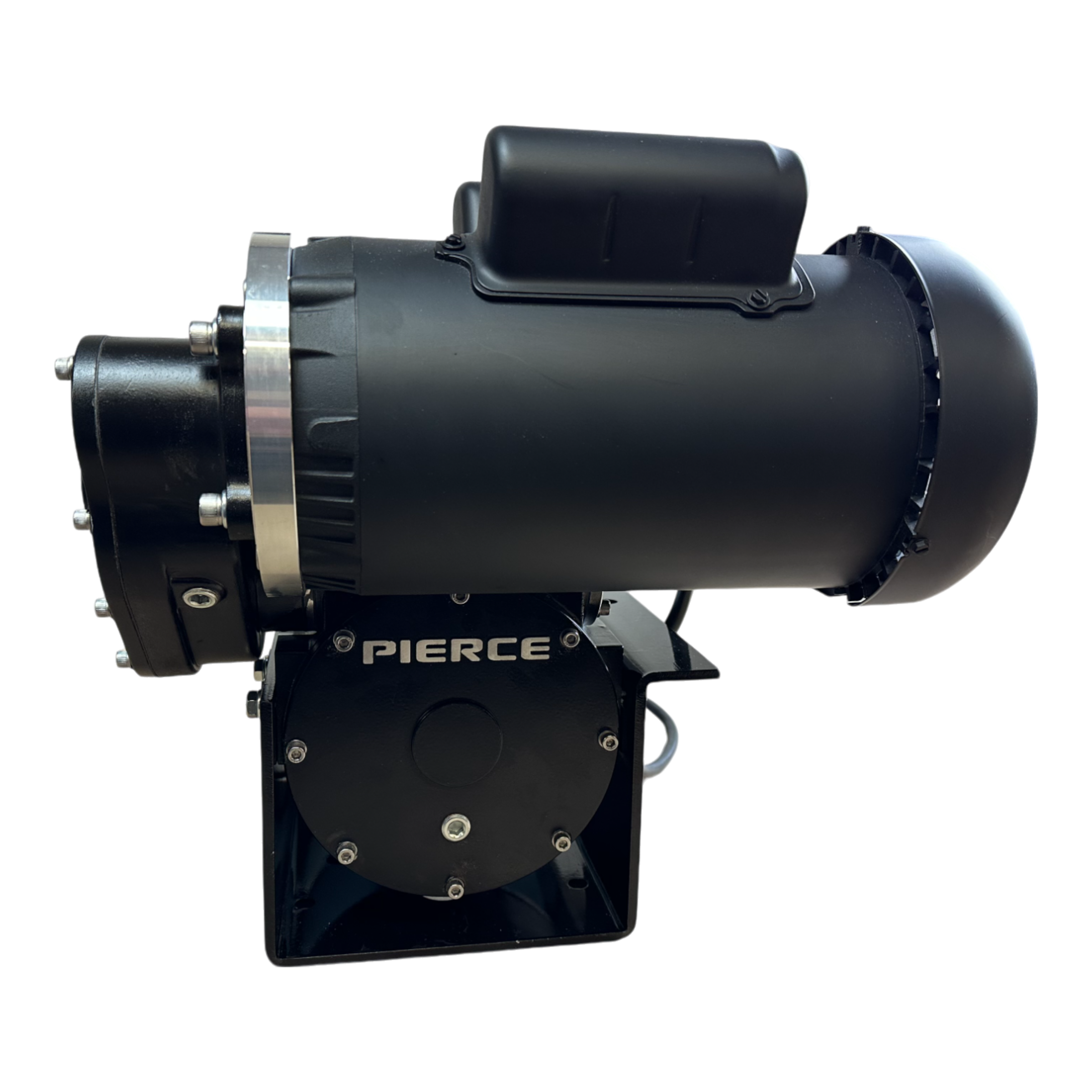 A black industrial machine component branded as PIERCE includes cylindrical and rectangular sections, boosting its effectiveness as a dependable pull component in a 7,500 lbs. 8" Split Drum 110V AC Industrial Winch for worm gear systems.