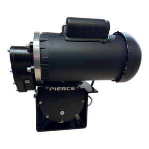 A black industrial machine component branded as PIERCE includes cylindrical and rectangular sections, boosting its effectiveness as a dependable pull component in a 7,500 lbs. 8" Split Drum 110V AC Industrial Winch for worm gear systems.