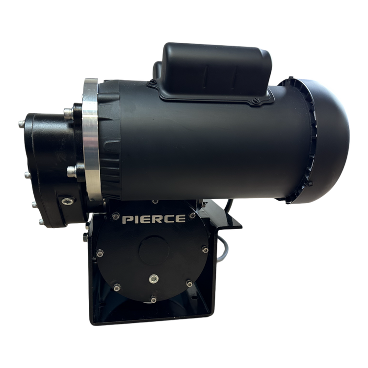 A black industrial machine component branded as PIERCE includes cylindrical and rectangular sections, boosting its effectiveness as a dependable pull component in a 7,500 lbs. 8" Split Drum 110V AC Industrial Winch for worm gear systems.