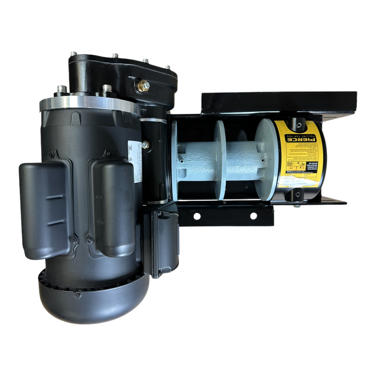 A PIERCE 7,500 lbs. 8" Split Drum 110V AC Industrial Winch with attached components, showcasing a dependable pull mechanism and a yellow label on one side, set against a black background.