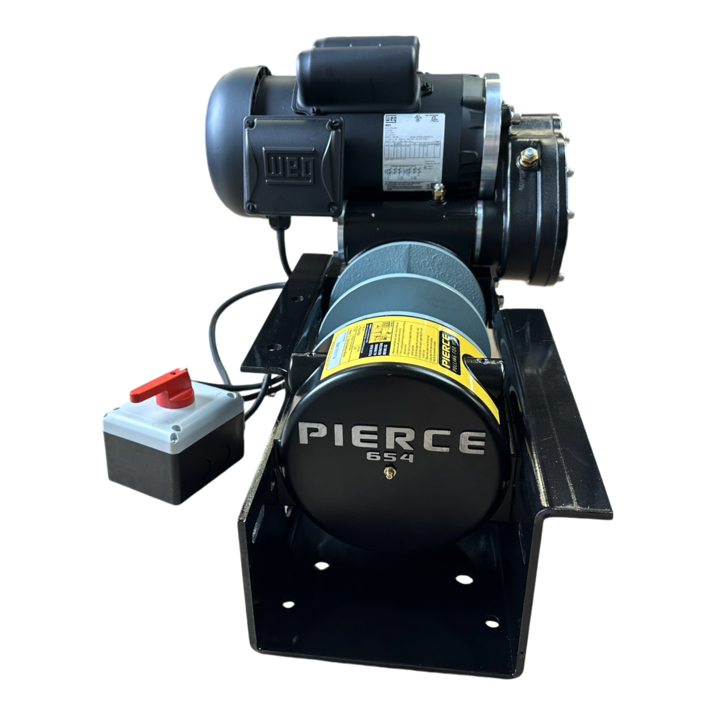 The 7,500 lbs. 8" Split Drum 110V AC Industrial Winch by PIERCE features a black motor mounted on a base with "PIERCE" text, equipped with a red power switch. This motor is specifically designed for worm gear winches, ensuring dependable performance for demanding environments and making it an excellent choice for those in need of high-quality replacement parts.