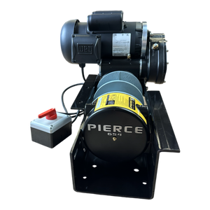 The 7,500 lbs. 8" Split Drum 110V AC Industrial Winch by PIERCE features a black motor mounted on a base with "PIERCE" text, equipped with a red power switch. This motor is specifically designed for worm gear winches, ensuring dependable performance for demanding environments and making it an excellent choice for those in need of high-quality replacement parts.