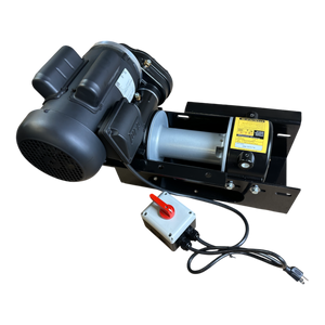 A PIERCE 7,500 lbs. 8" Drum 110V AC Industrial Winch, featuring a control box, power cord, and sturdy mounting base, is displayed against a sleek black background. Perfect for individuals in need of dependable replacement parts for their worm gear winch configuration.