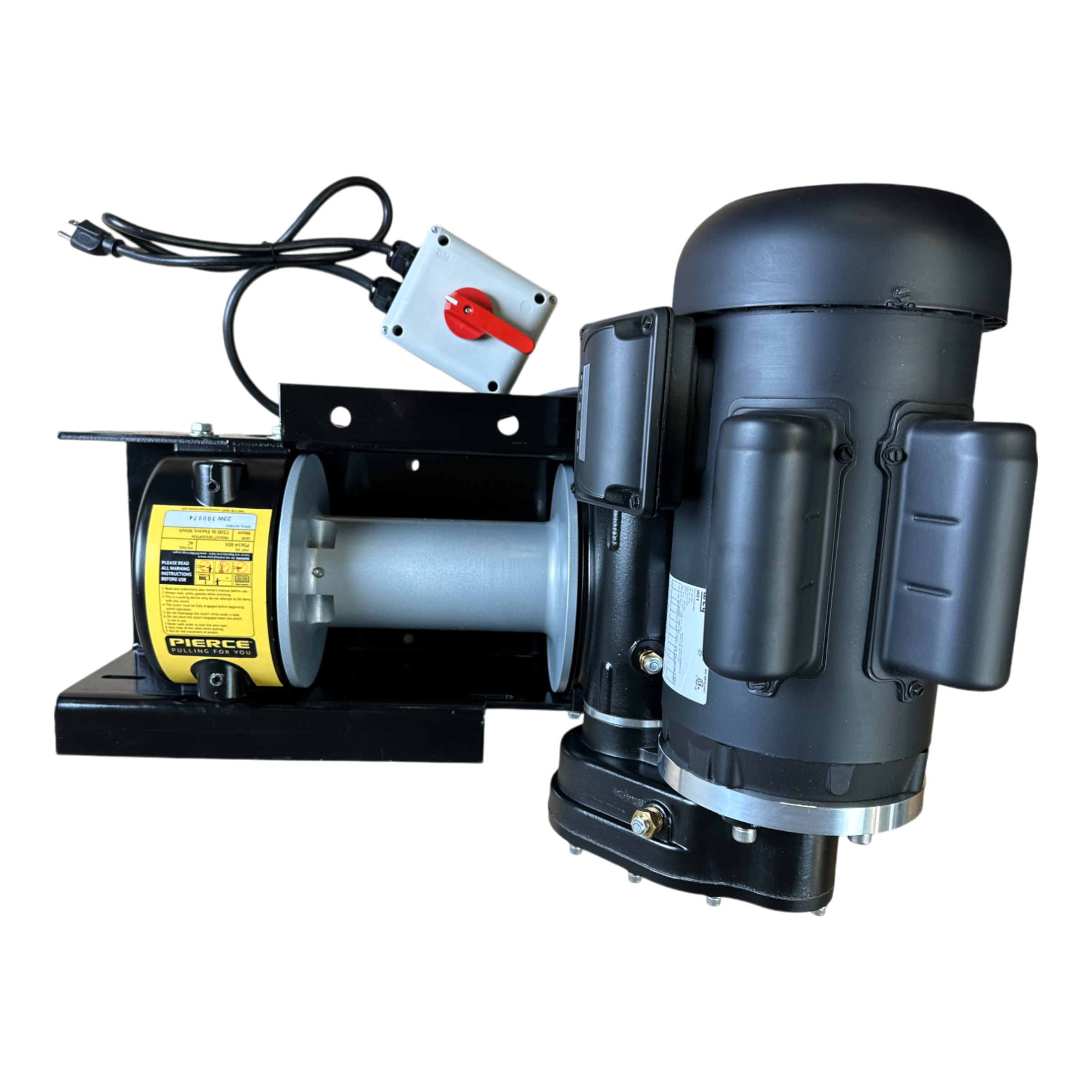 Set against a black background, the PIERCE 7,500 lbs. 8" Drum 110V AC Industrial Winch features an electric motor with attached components and a power switch.