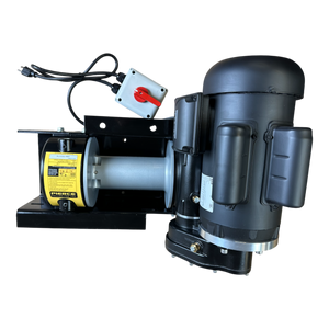 Set against a black background, the PIERCE 7,500 lbs. 8" Drum 110V AC Industrial Winch features an electric motor with attached components and a power switch.