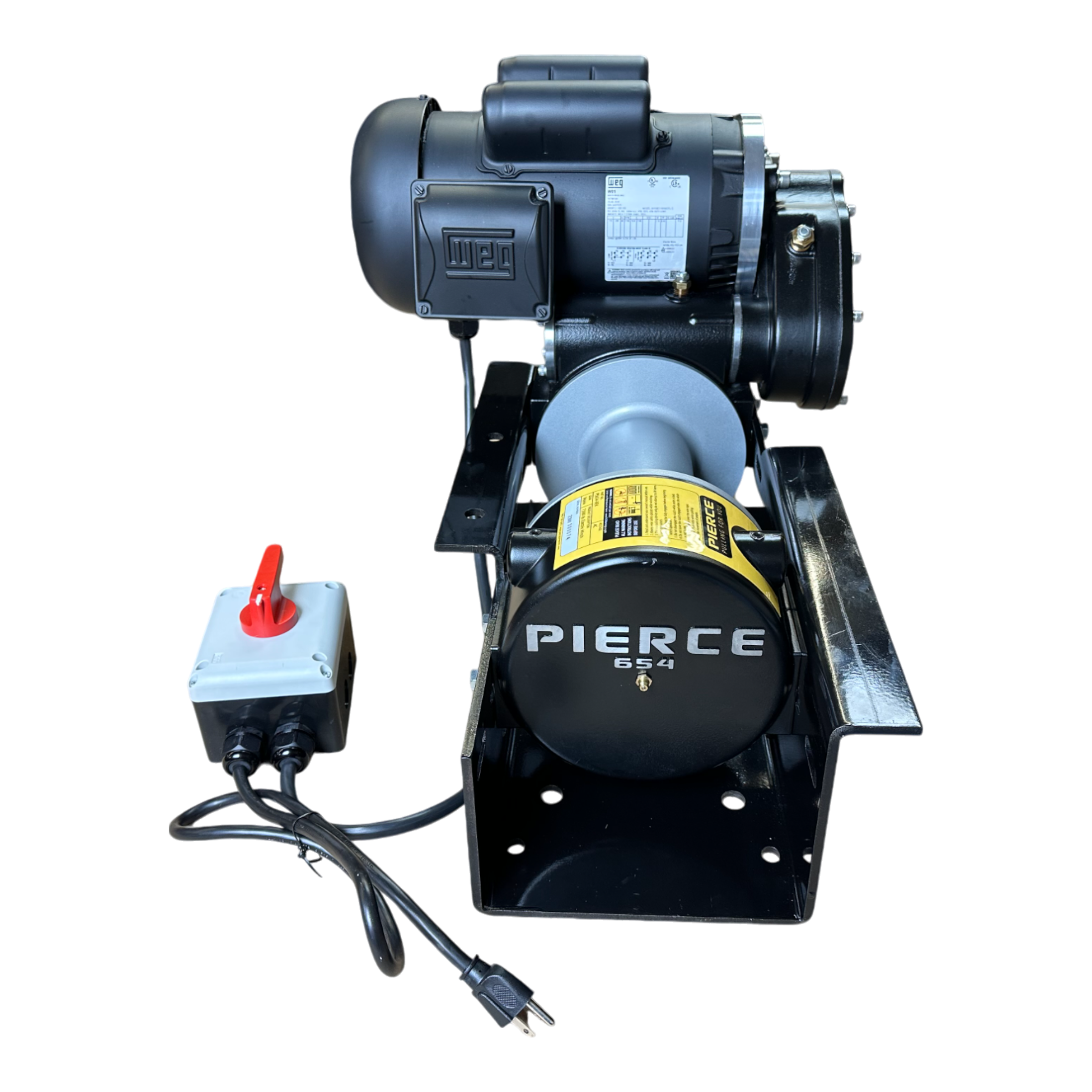 7,500 lbs. 8" Drum 110V AC Industrial Winch with a control switch and power cord, mounted on a black base, is ideal for PIERCE winch systems or as replacement parts.