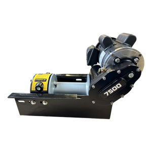 Introducing the PIERCE 7,500 lbs. 8" Drum 110V AC Industrial Winch, a heavy-duty black and silver masterpiece on a sturdy black base. Engineered with precision worm gear technology, it provides an all-in-one solution for those requiring reliable strength. Easy access to replacement parts ensures longevity and top performance.