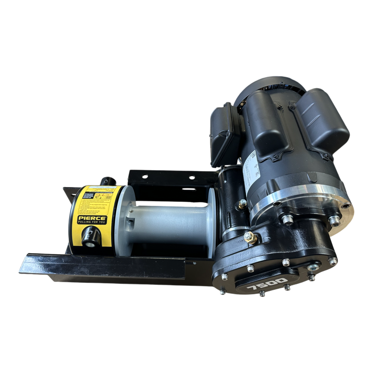 A PIERCE 7,500 lbs. 8" Drum 110V AC Industrial Winch, with its black and gray electric motor design, stands out against a sleek black background.